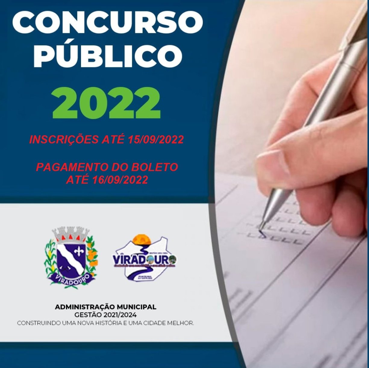 CONCURSO PÚBLICO (inscrições até 15/09/2022 - Pagamento do boleto até 16/09/2022)