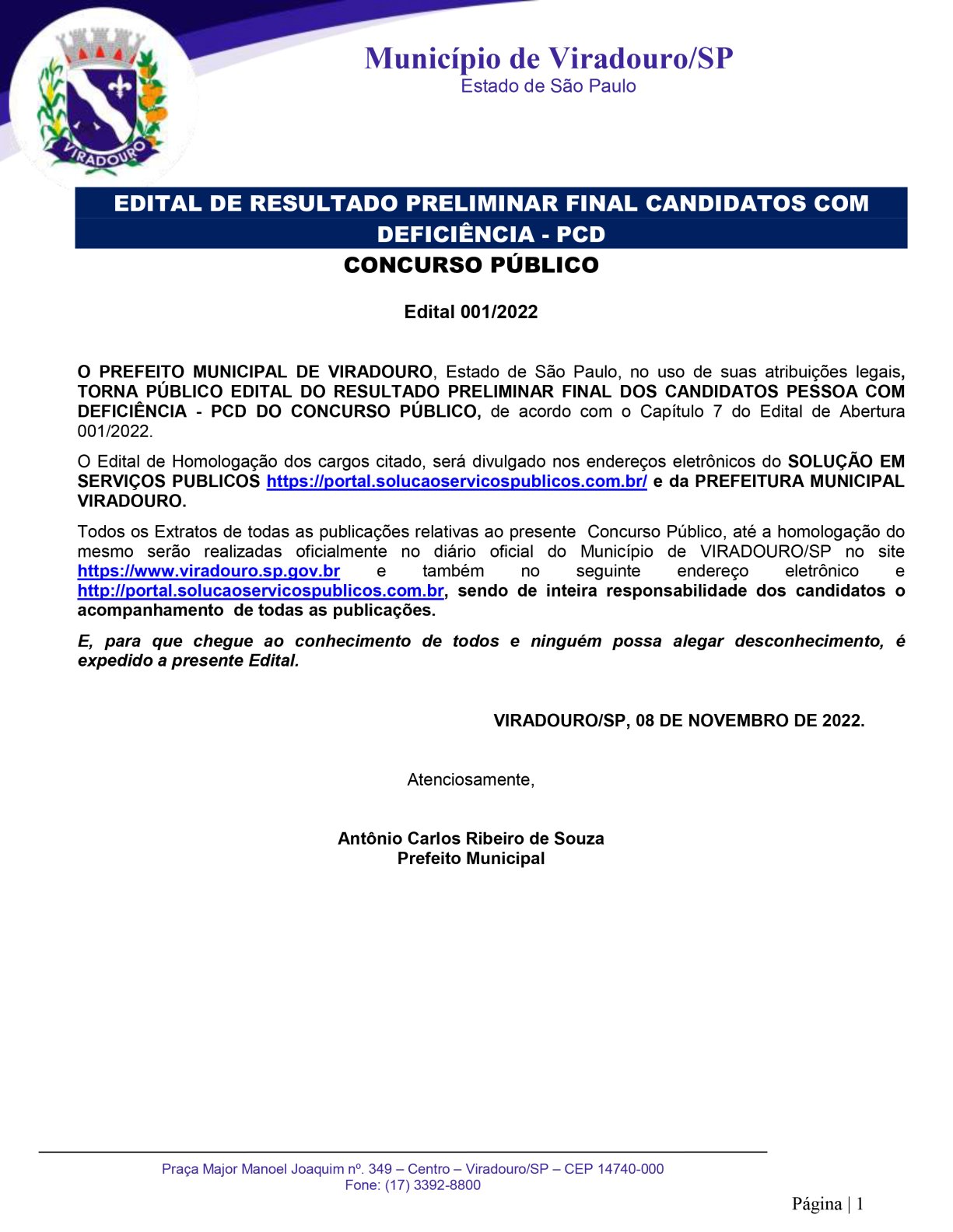 EDITAL DE RESULTADO PRELIMINAR FINAL CANDIDATOS COM  DEFICIÊNCIA - PCD