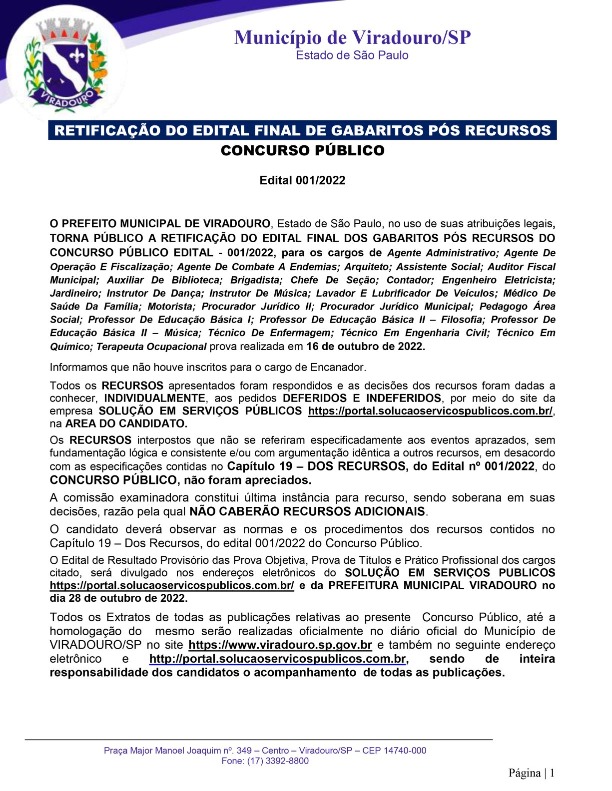 RETIFICAÇÃO DO EDITAL FINAL DE GABARITOS PÓS RECURSOS